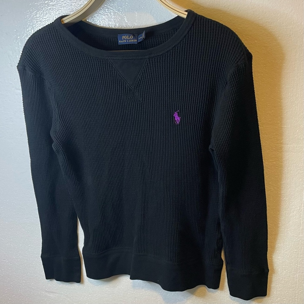 Polo Ralph Lauren Black Women's Waffle-Knit Cotton Crewneck Sweater Shirt